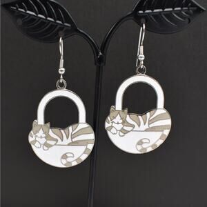 Enamel Sleeping Cat In Basket Earrings White Gray Kitty Kitsch Animal Jewelry